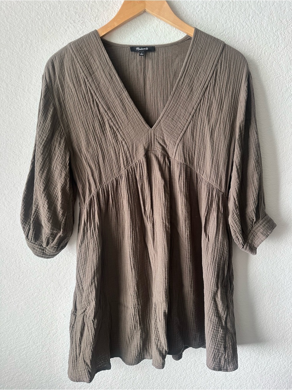 Madewell Double Gauze V-Neck Tunic Top Brown‎ Empire Waist Pocket Boho Womens S